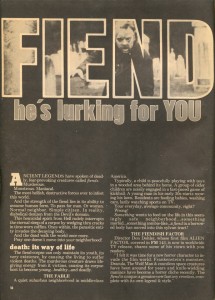 Magazine article about cult classic "FIEND". (PG 1)